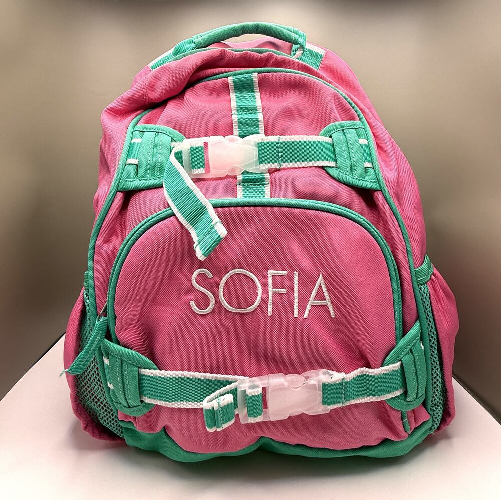 Pottery Barn Kids Mackenzie Backpack Solid Pink & Green Sz Large embroider Sofia